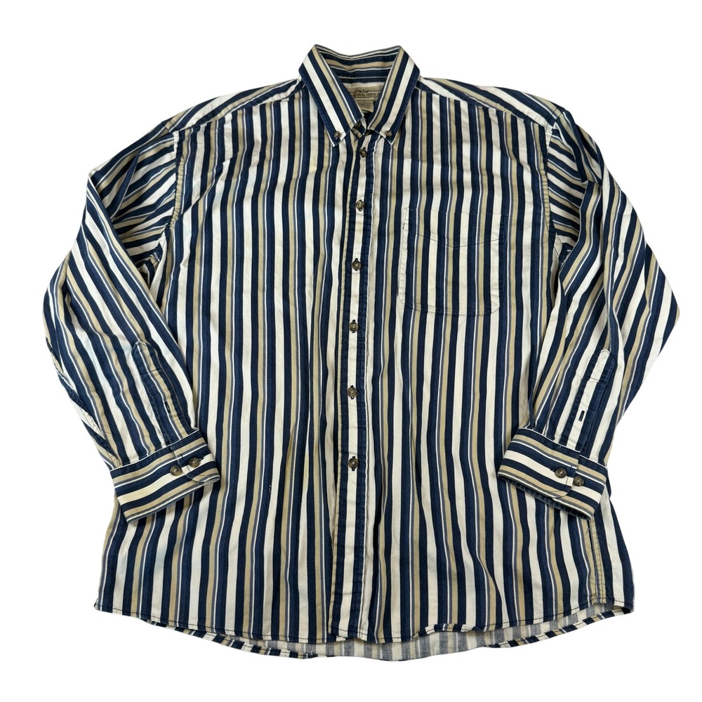 Natural Issue Mens Large Long Sleeve Striped Button Down Shirt Navy Tan Cotton